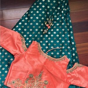 Coral and Teal Traditional Outfit with Gold Embroidery